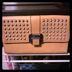 Rebecca Minkoff tan studded clutch wallet